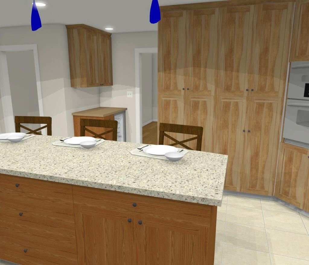 3D kitchen renovation rendering featuring large island and custom cabinet storage by Odd Fellows Contracting in Grand Ledge, MI
