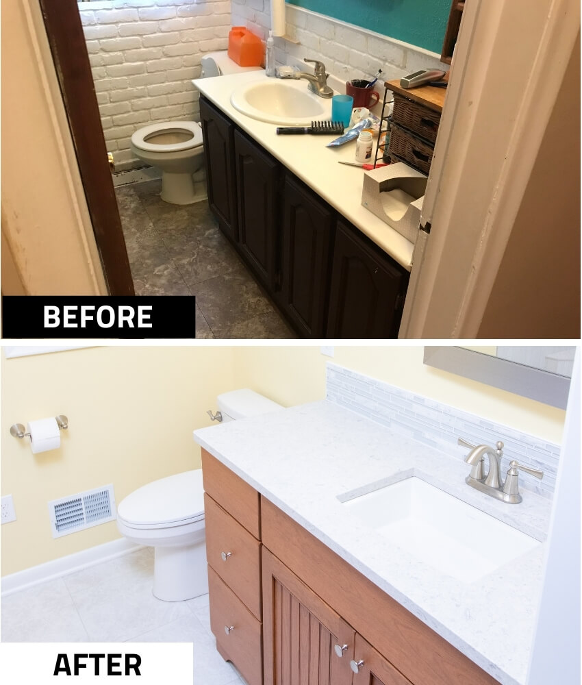 before and after bathroom remodel with new vanity, quartz countertop, and updated flooring by Odd Fellows Contracting in Grand Ledge, MI