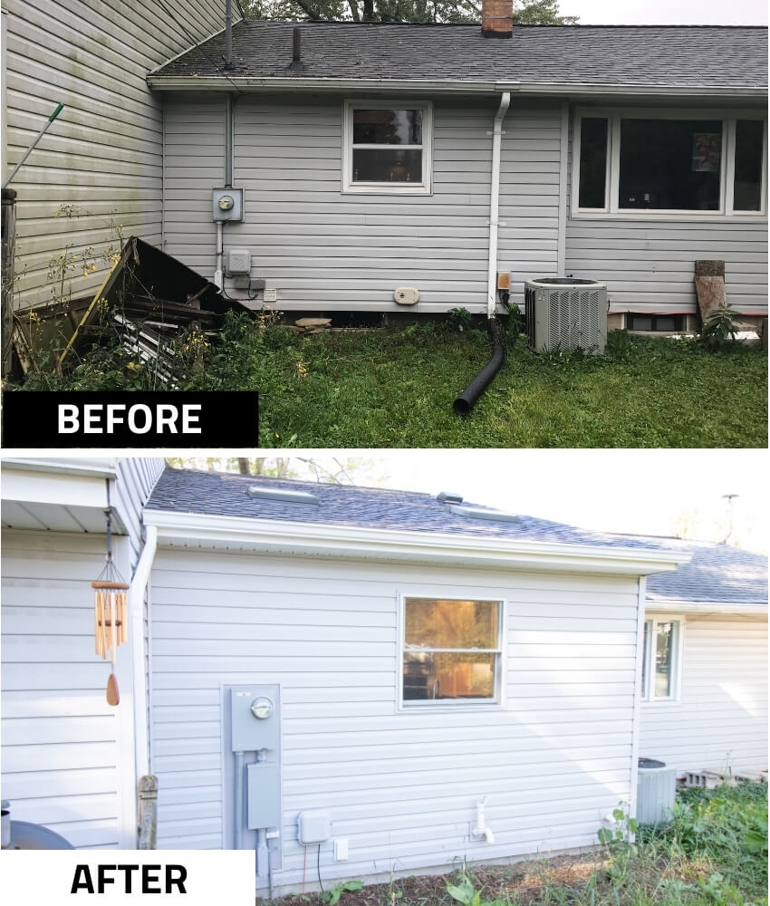 before and after exterior home renovation with updated siding and utilities by Odd Fellows Contracting in Grand Ledge, MI