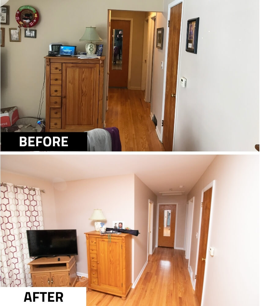 before and after hallway remodel showing updated walls, trim, and flooring by Odd Fellows Contracting in Grand Ledge, MI