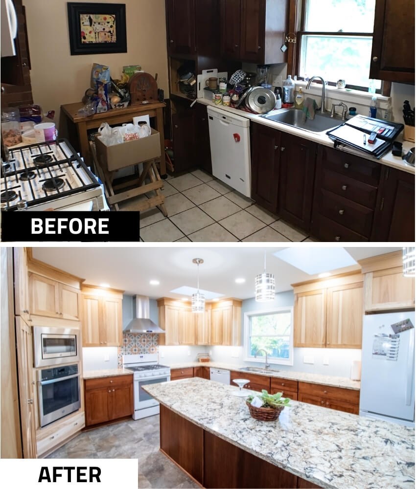 before and after kitchen remodel replacing outdated cabinets with custom wood cabinetry and large island by Odd Fellows Contracting in Grand Ledge, MI