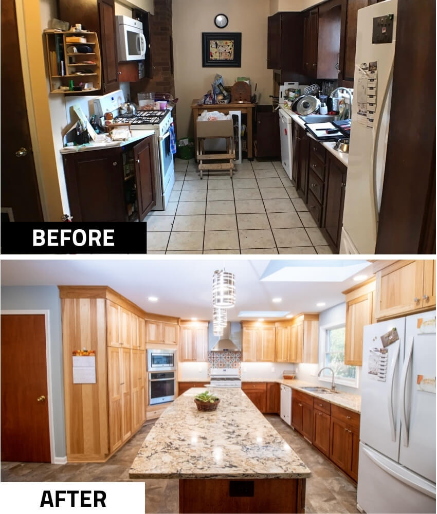 before and after kitchen remodel with large island, granite countertops, and custom cabinetry by Odd Fellows Contracting in Grand Ledge, MI