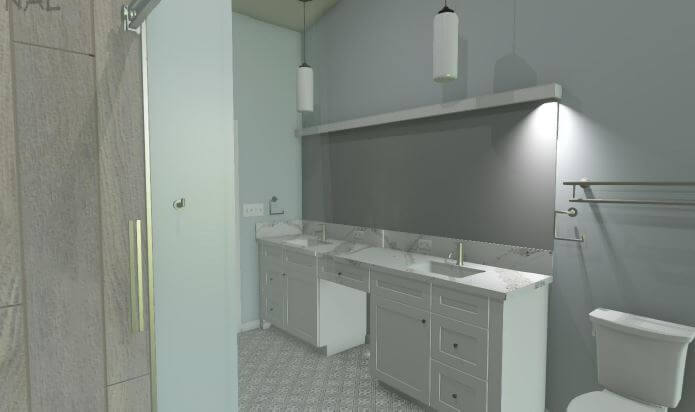 3D bathroom remodel design by Odd Fellows Contracting in Williamston MI showing vanity and mirror layout
