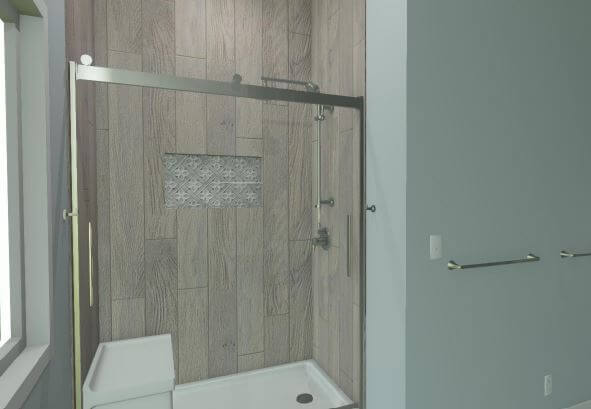 3D bathroom remodel plan by Odd Fellows Contracting in Williamston MI with modern shower layout