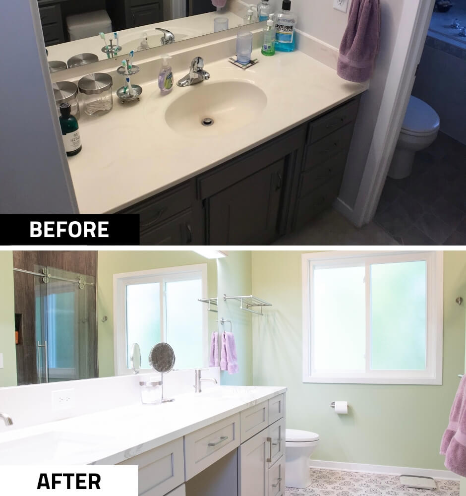 before and after bathroom vanity by Odd Fellows Contracting in Williamston MI with new double sink design