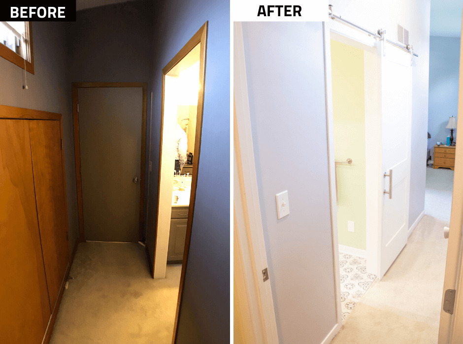 before and after hallway transformation by Odd Fellows Contracting in Williamston MI with modern door