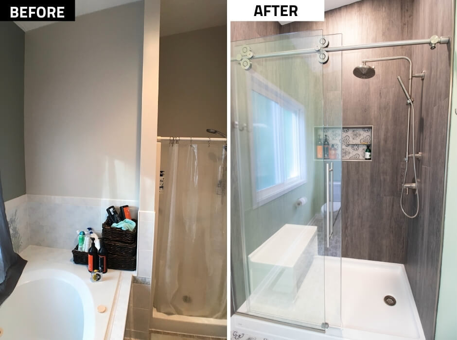 before and after shower remodel by Odd Fellows Contracting in Williamston MI with glass enclosure upgrade