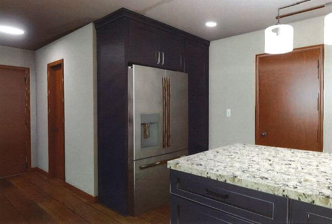 3D kitchen design rendering by Odd Fellows Contracting in Mason MI with island and custom cabinetry layout