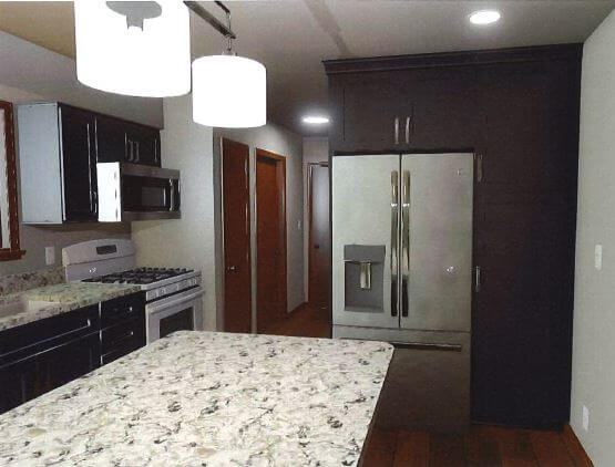 3D kitchen renovation rendering by Odd Fellows Contracting in Mason MI with modern cabinets and stainless appliances