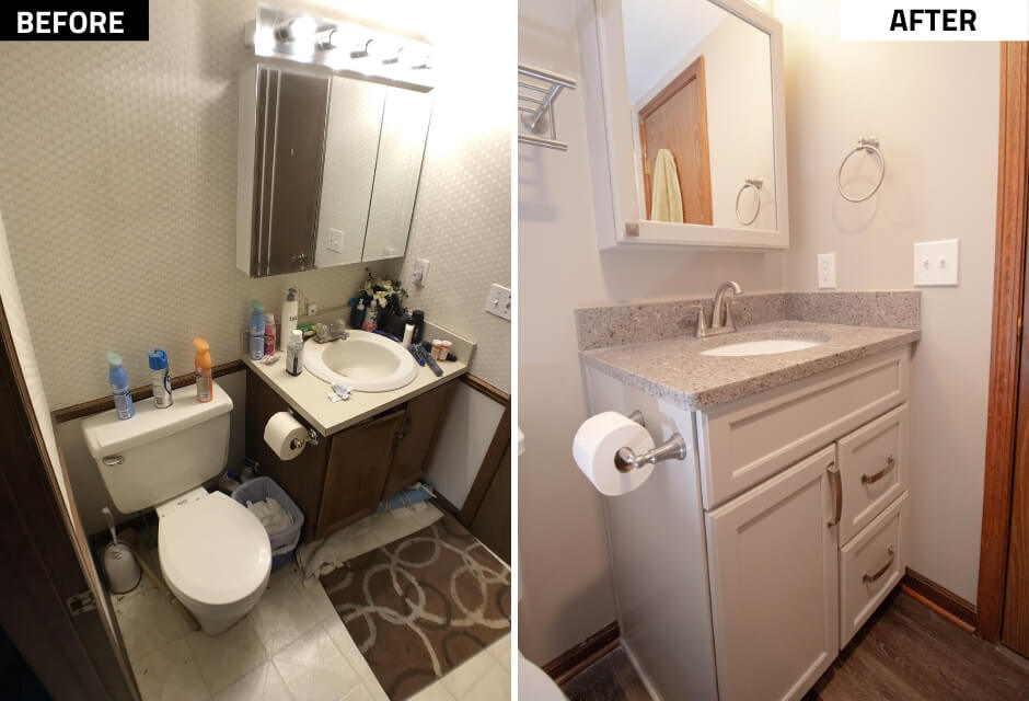 before and after bathroom remodel by Odd Fellows Contracting in Mason MI featuring upgraded vanity and modern finishes