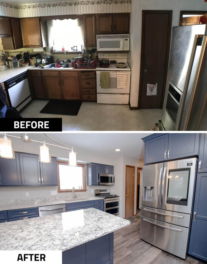 before and after kitchen remodel by Odd Fellows Contracting in Mason MI with new cabinets quartz countertops and island