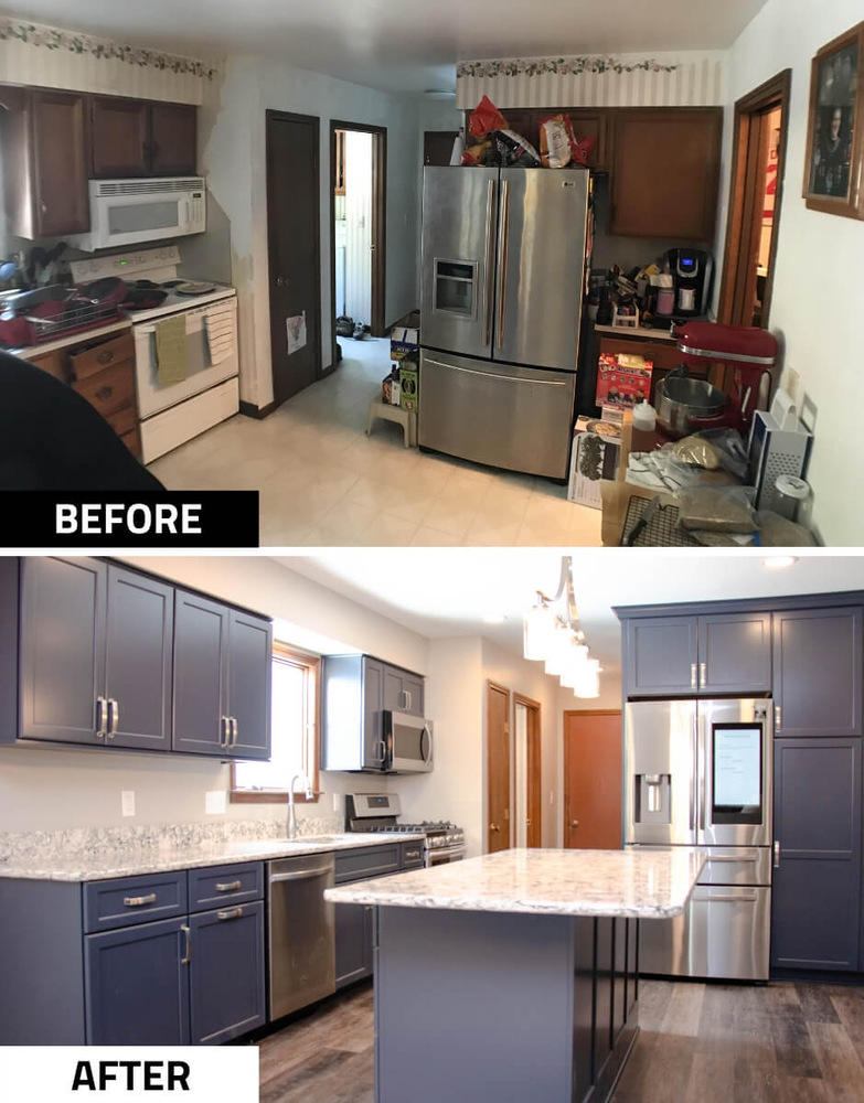 before and after kitchen transformation by Odd Fellows Contracting in Mason MI featuring new cabinetry and finishes