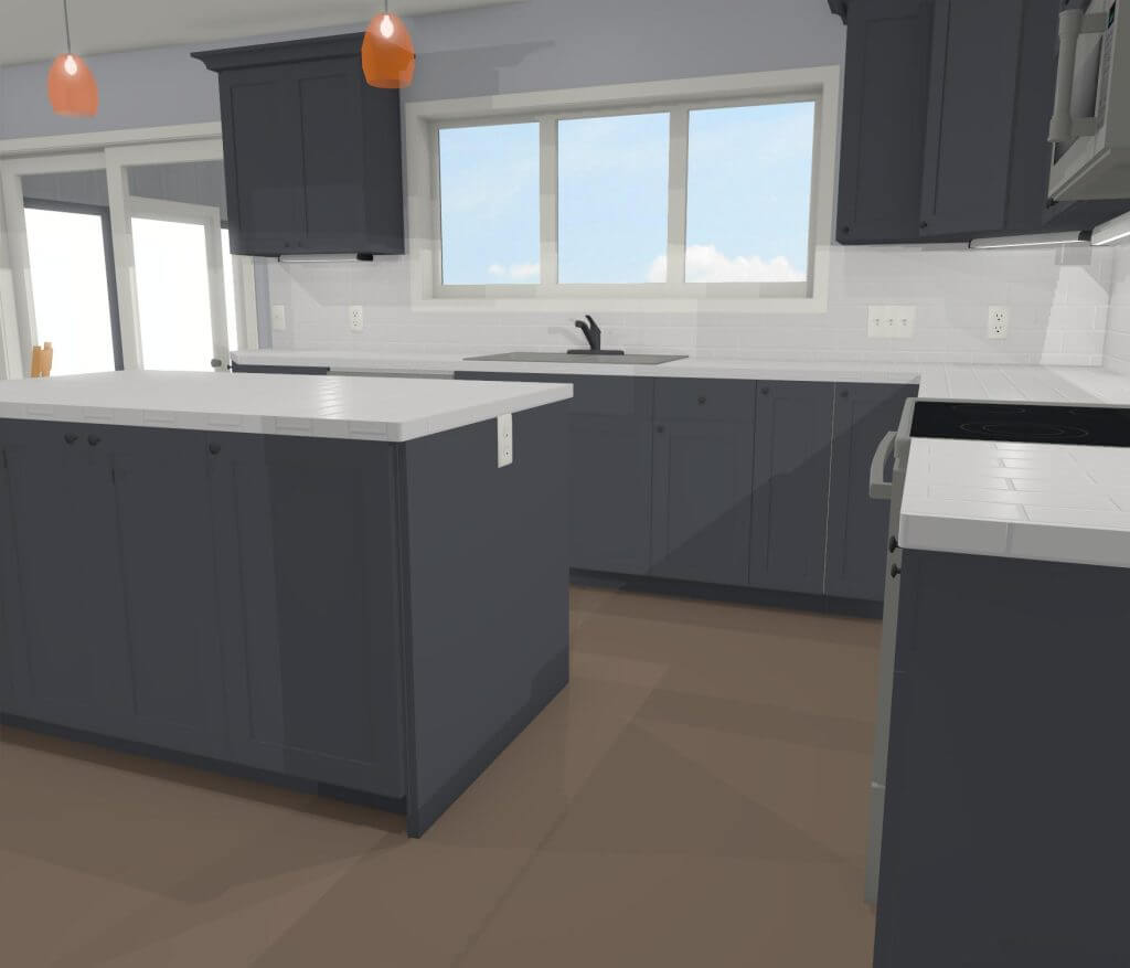 3D kitchen design rendering with gray cabinets and peninsula layout by Odd Fellows Contracting in Okemos, MI