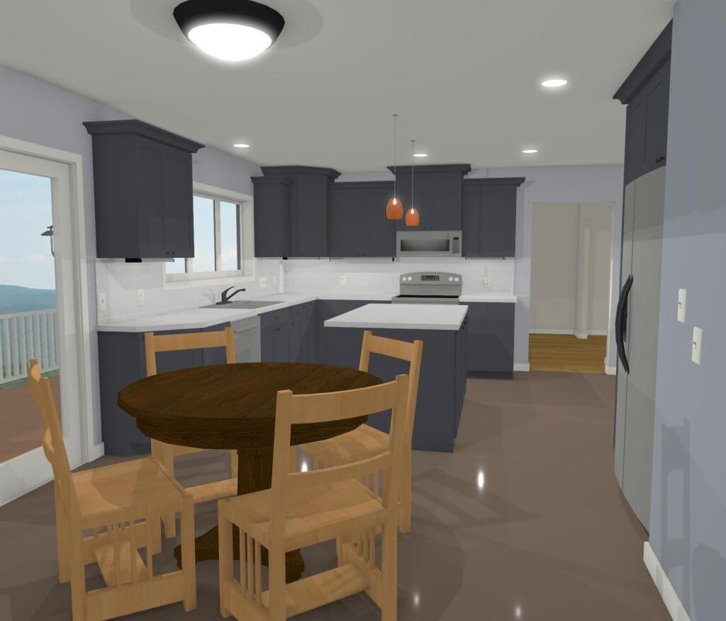 3D kitchen renovation concept with modern cabinets and island layout by Odd Fellows Contracting in Okemos, MI