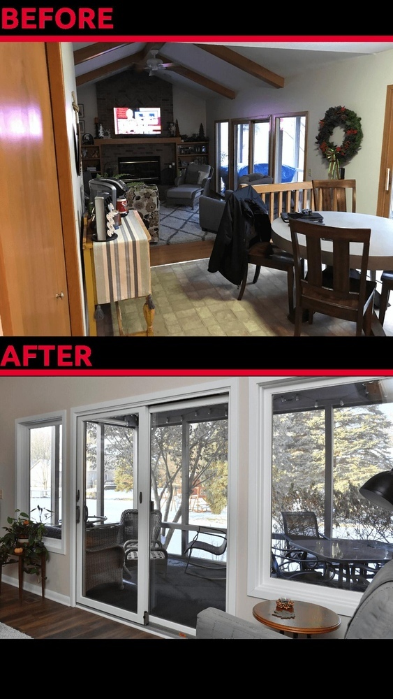 Before and after family room remodel with updated sliding doors and improved natural light by Odd Fellows Contracting in Okemos, MI