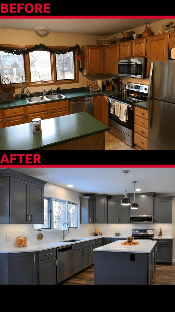 Before and after kitchen remodel transforming oak cabinets into modern gray cabinetry and island by Odd Fellows Contracting in Okemos, MI
