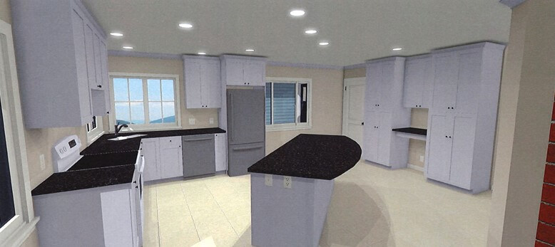 3D kitchen remodel rendering showing planned island seating and white cabinets by Odd Fellows Contracting in Lansing, MI