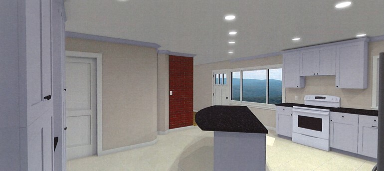 3D rendering of planned kitchen renovation with white cabinets and peninsula island by Odd Fellows Contracting in Lansing, MI