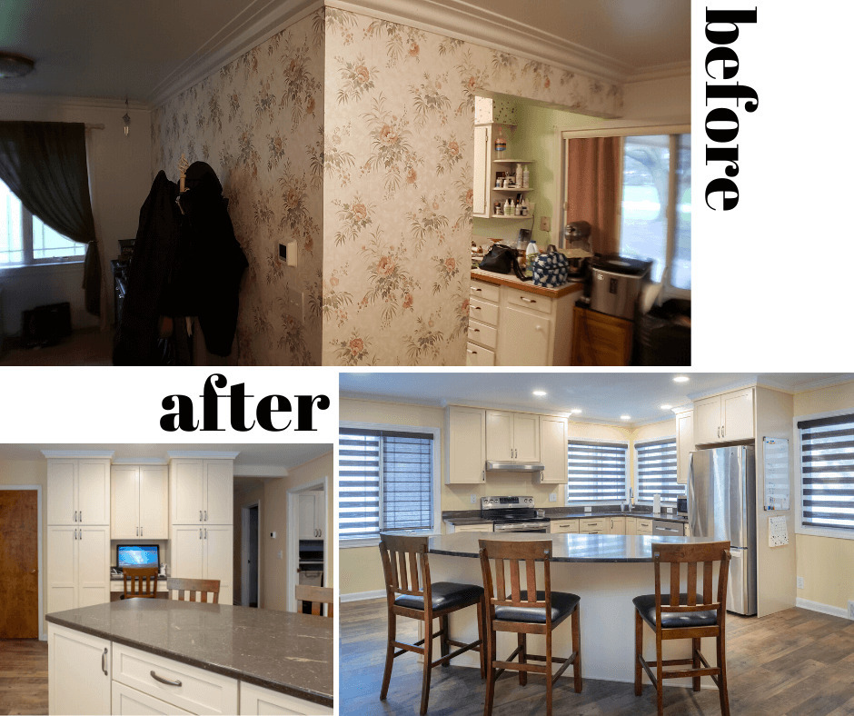 before and after kitchen remodel showing removal of wall and installation of large island by Odd Fellows Contracting in Lansing, MI