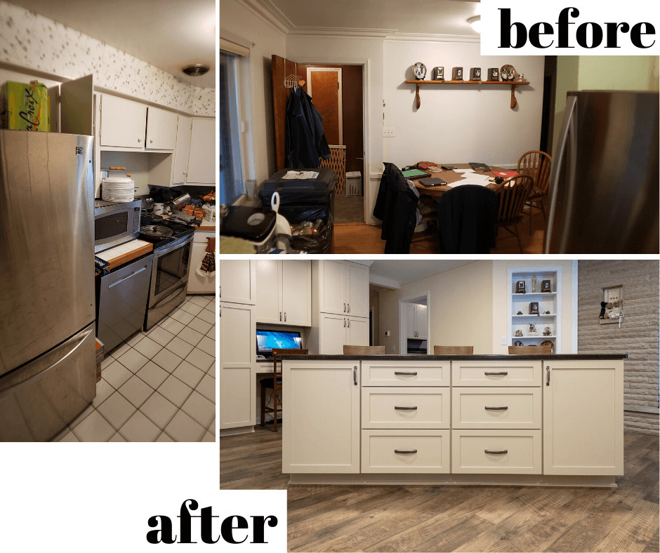 before and after kitchen remodel showing upgraded cabinets and open kitchen island by Odd Fellows Contracting in Lansing, MI