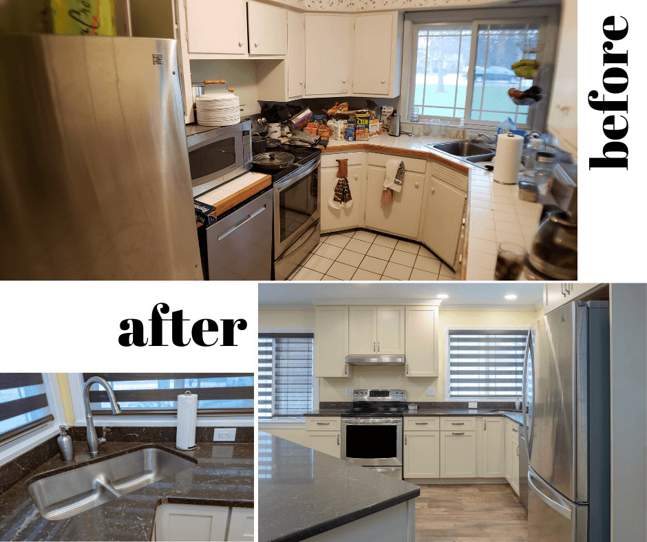 before and after kitchen renovation highlighting new quartz countertops and updated cabinetry by Odd Fellows Contracting in Lansing, MI