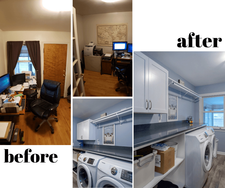 before and after laundry renovation featuring storage cabinets and modern washer and dryer area by Odd Fellows Contracting in Lansing, MI