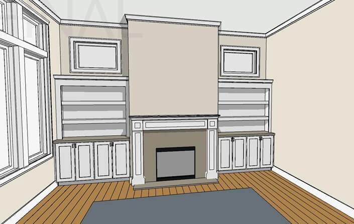 3D rendering of custom fireplace wall and shelving design by Odd Fellows Contracting in Holt, MI