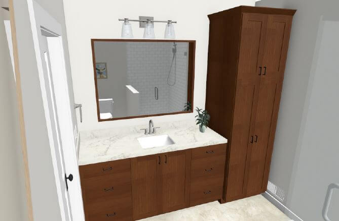 custom home bathroom design rendering by Odd Fellows Contracting in Lansing, MI with wood vanity and quartz countertop