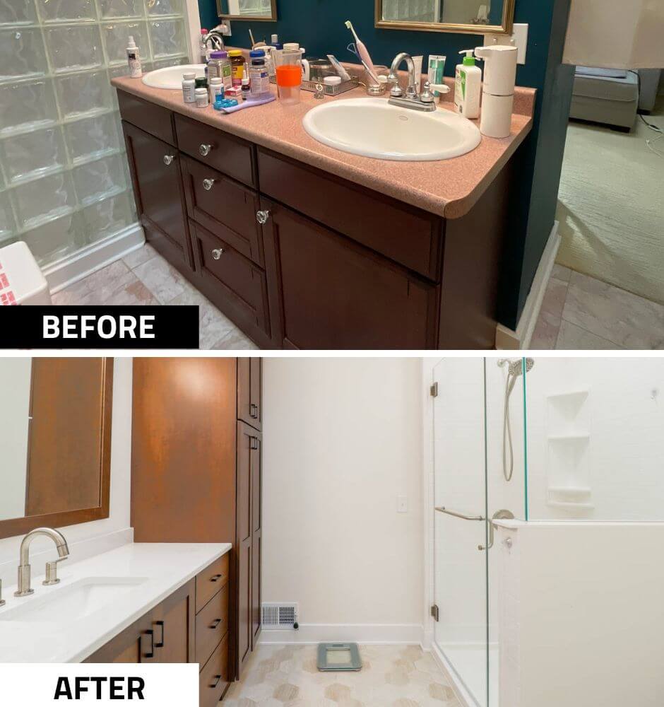 custom home bathroom remodel by Odd Fellows Contracting in Lansing, MI with glass shower and wood vanity