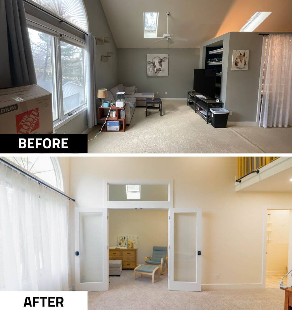 custom home bedroom before remodel by Odd Fellows Contracting in Lansing, MI with large arched window