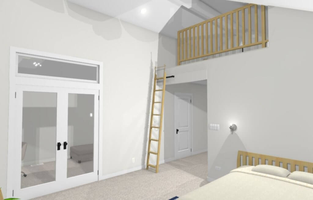 custom home bedroom renovation rendering by Odd Fellows Contracting in Lansing, MI with vaulted ceiling and ladder