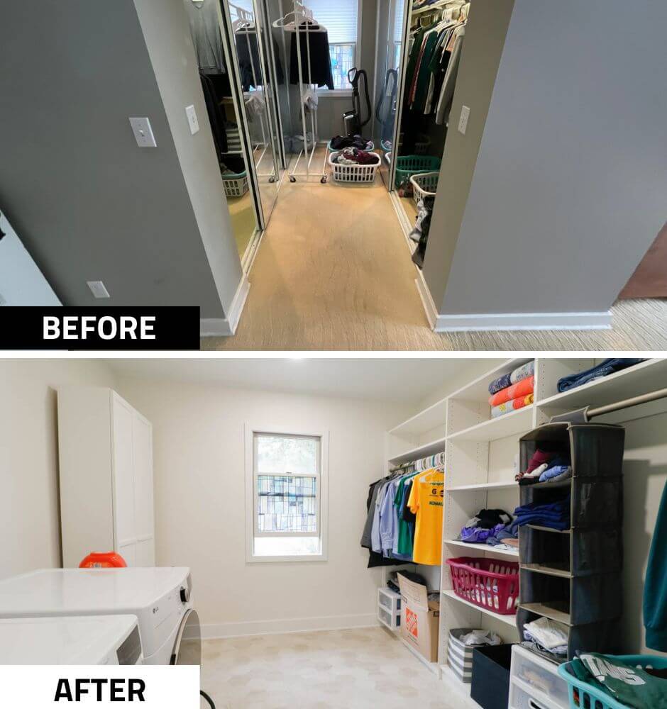 custom home laundry room remodel by Odd Fellows Contracting in Lansing, MI with built-in shelving and washer dryer