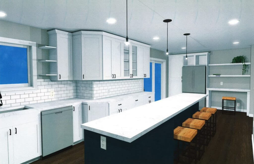 3D rendering of kitchen remodel layout with island seating by Odd Fellows Contracting in Cumberland Lansing MI