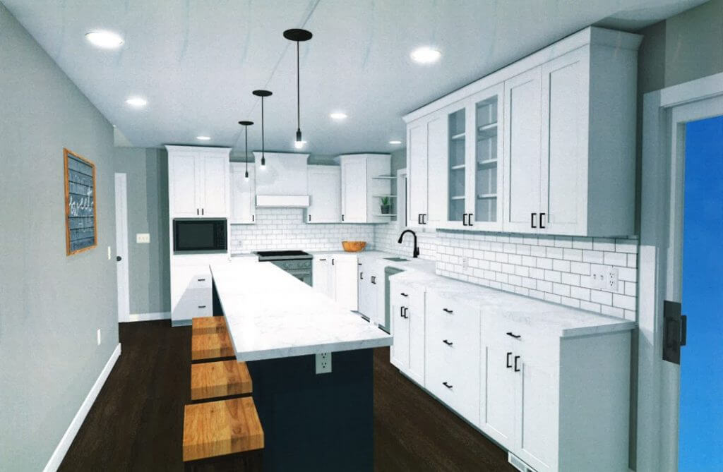 3D rendering of planned kitchen remodel with large island by Odd Fellows Contracting in Cumberland Lansing MI
