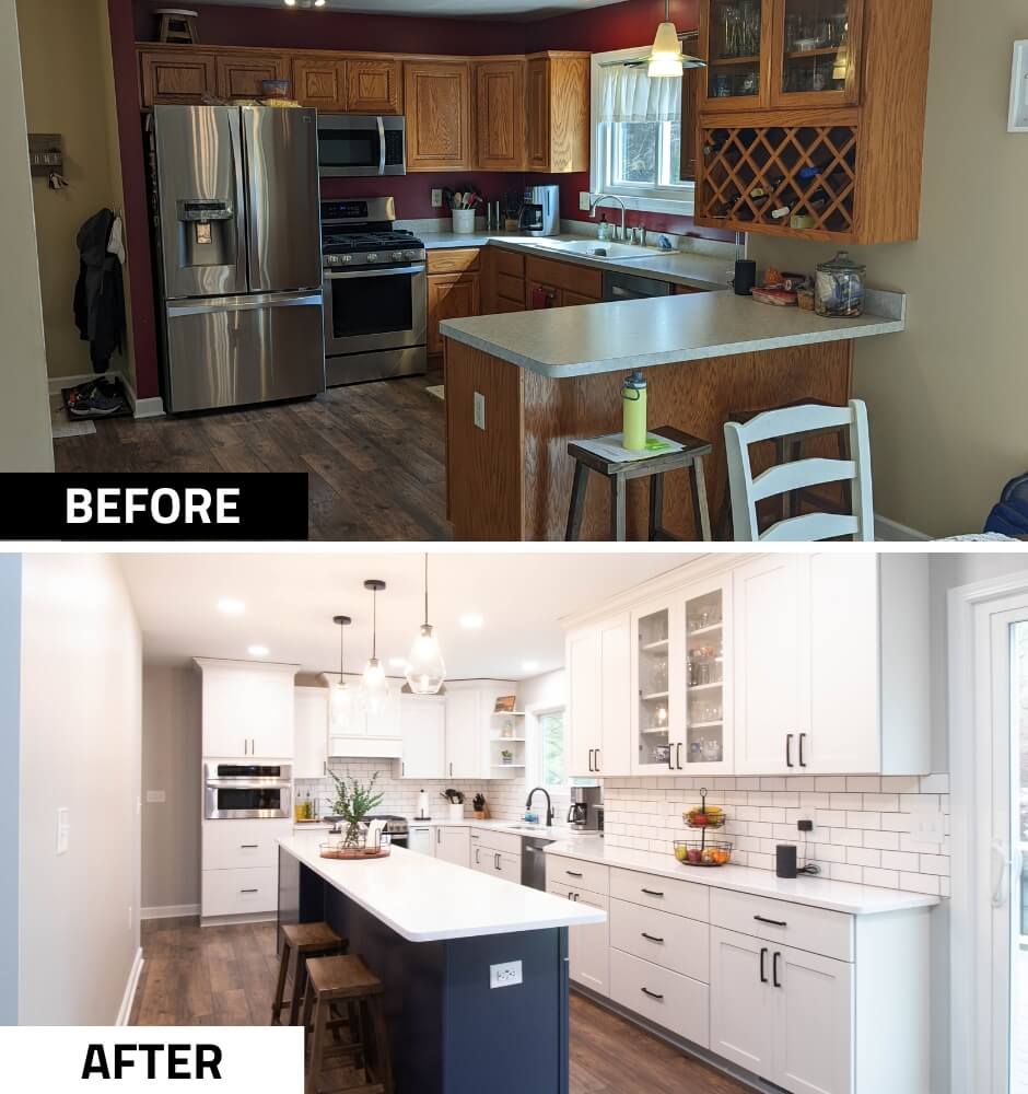 before and after kitchen renovation featuring modern cabinetry and large island by Odd Fellows Contracting in Cumberland Lansing MI