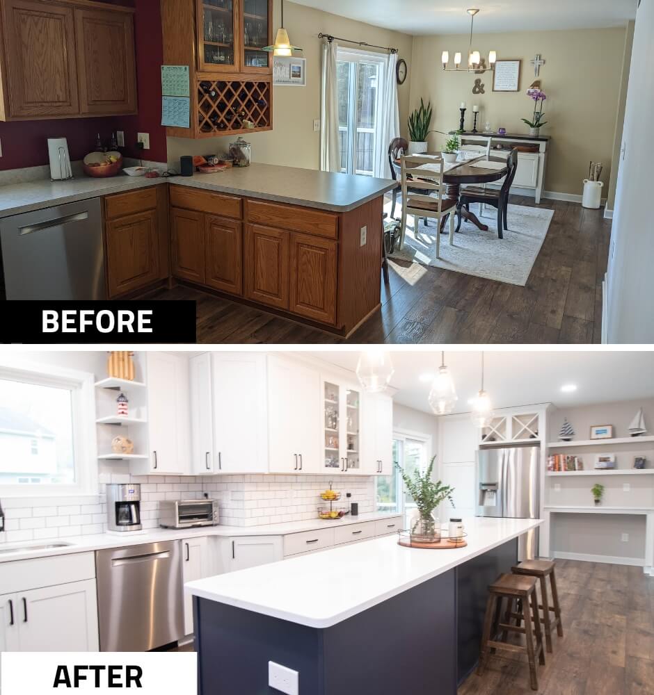before and after kitchen renovation showing modern cabinets, island, and subway tile backsplash by Odd Fellows Contracting in Cumberland Lansing MI