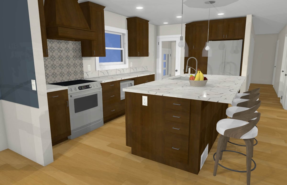 3D custom home kitchen rendering by Odd Fellows Contracting in Cornell Okemos, MI with island layout