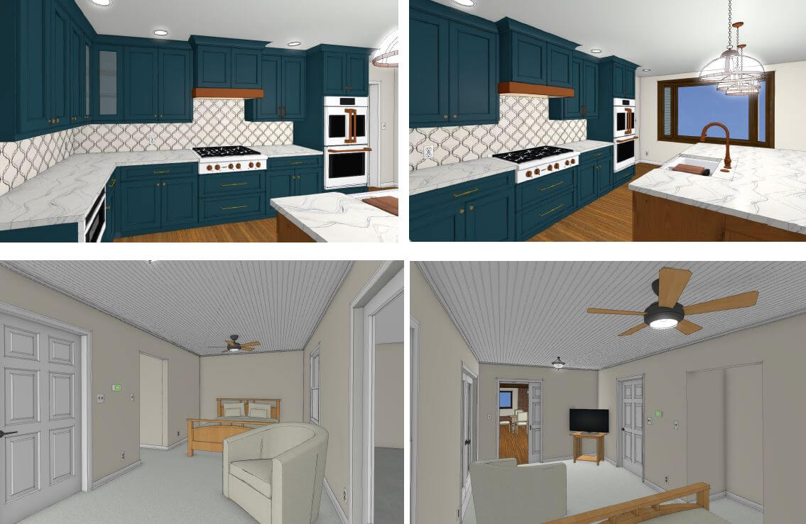 3D bedroom renovation concept by Odd Fellows Contracting in Tacoma Hills, MI featuring new flooring and lighting.