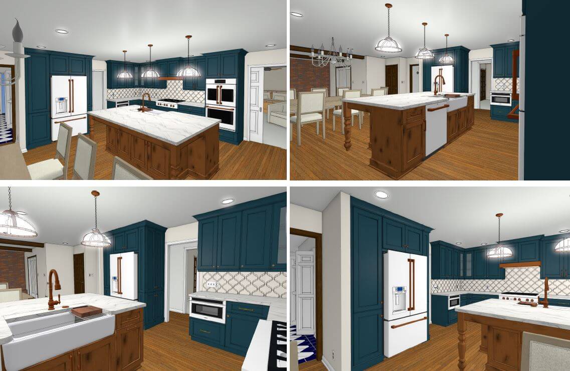 3D kitchen remodel rendering by Odd Fellows Contracting in Tacoma Hills, MI showcasing cabinetry and lighting plan.