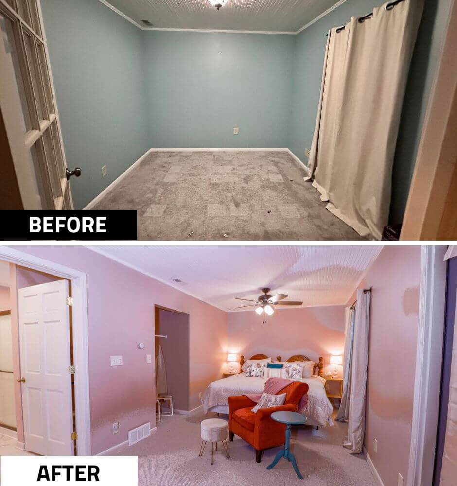 Before and after bedroom remodel in a Tacoma Hills, MI custom home by Odd Fellows Contracting with updated paint and furnishings.