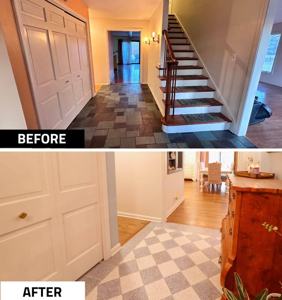 Before and after entryway remodel in a Tacoma Hills, MI custom home by Odd Fellows Contracting with updated flooring and stairs.