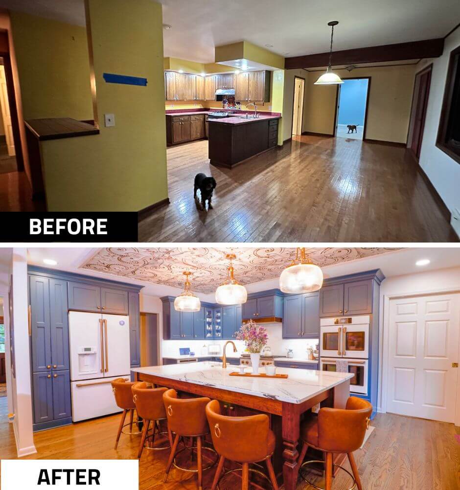 Before and after kitchen remodel in a custom home by Odd Fellows Contracting in Tacoma Hills, MI featuring blue cabinetry and a large island.