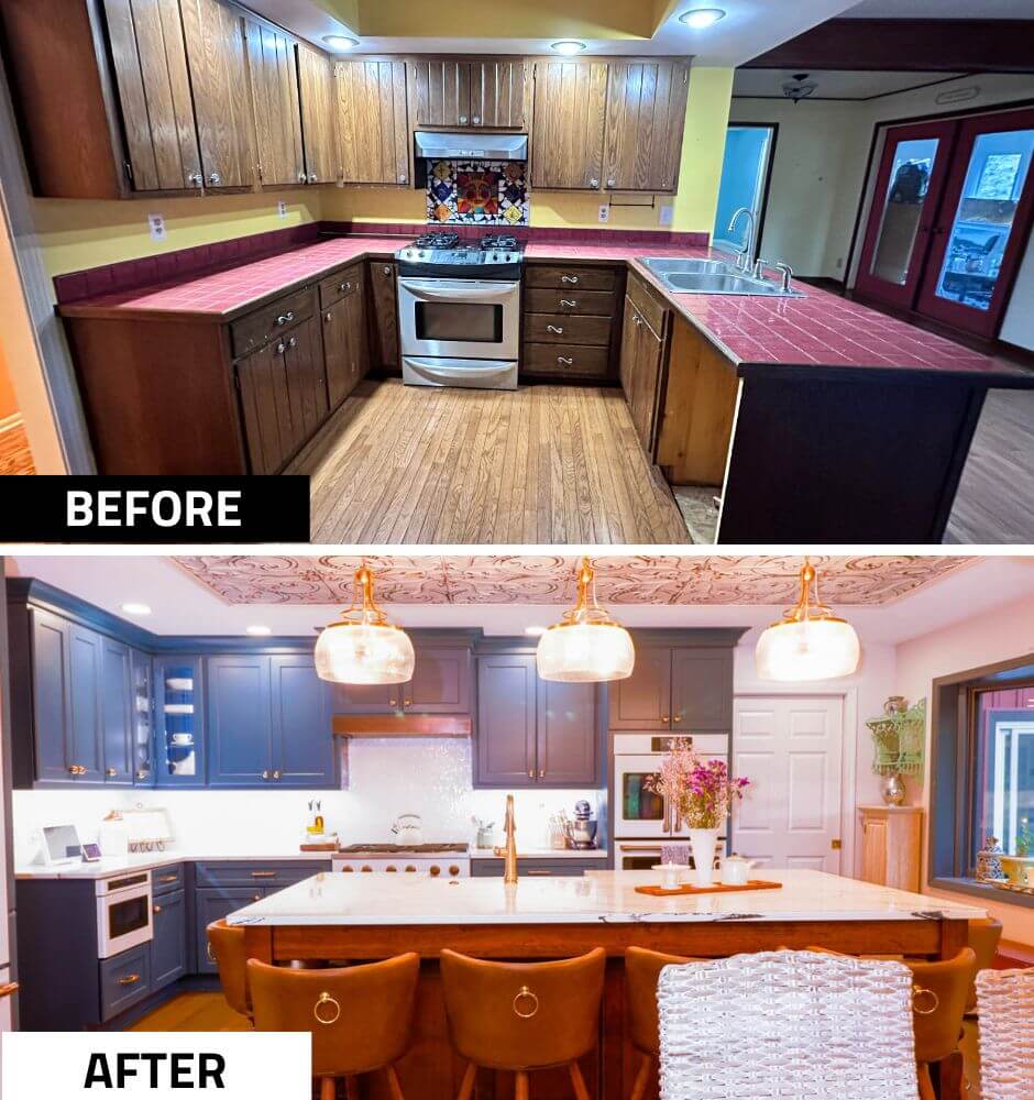 Before and after kitchen update in a Tacoma Hills, MI custom home by Odd Fellows Contracting with new cabinetry and quartz countertops.