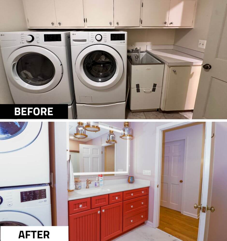 Before and after laundry room remodel in a Tacoma Hills, MI custom home by Odd Fellows Contracting with custom red cabinetry.