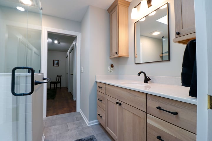 Low-threshold walk-in shower in a Delta Commerce condo bathroom remodel by Odd Fellows Contracting near Lansing, MI