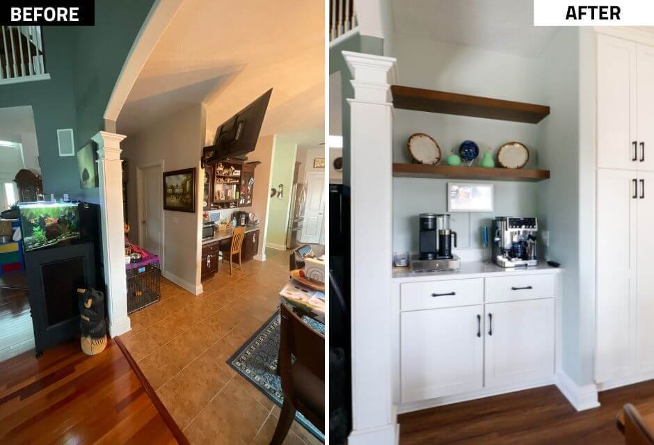 before and after of coffee station from Grand Ledge kitchen remodel