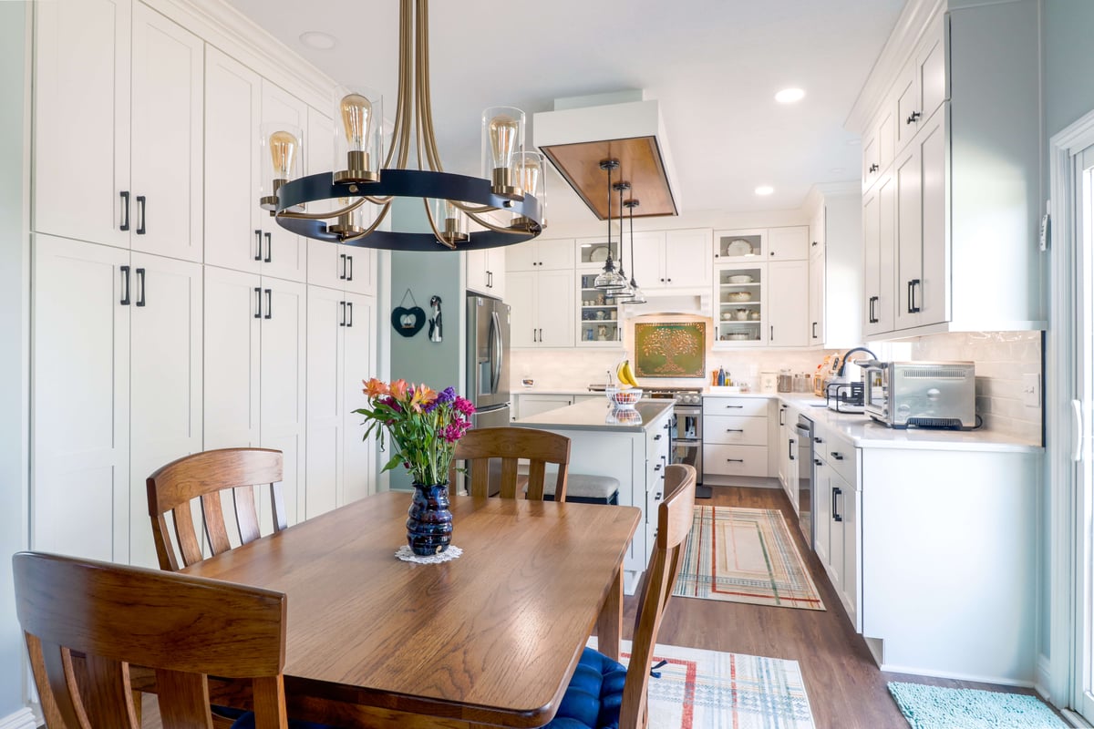 Grand Ledge kitchen remodel with white Pioneer cabinets, Cambria quartz countertop