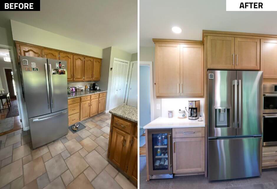 before and after of refrigerator and pantry space in Indian hills Okemos kitchen remodel