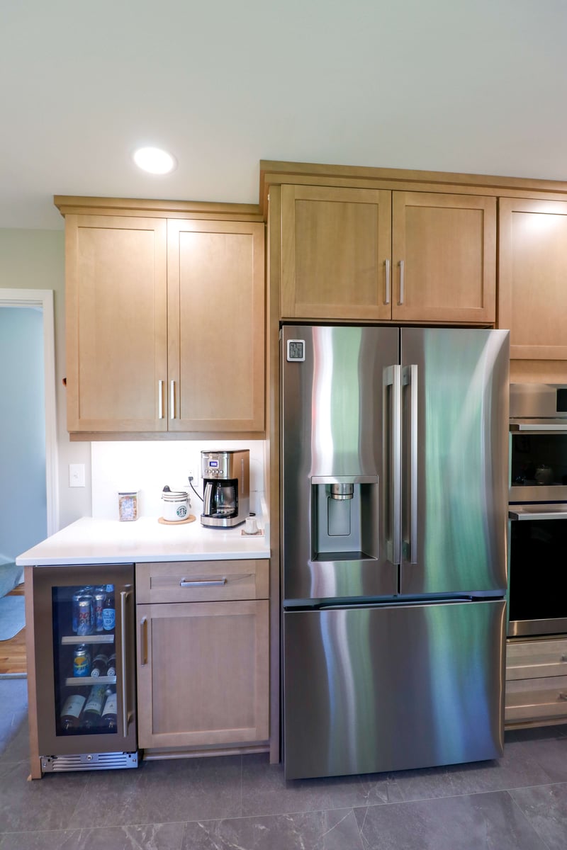 beverage station and refrigerator in Okemos kitchen remodel