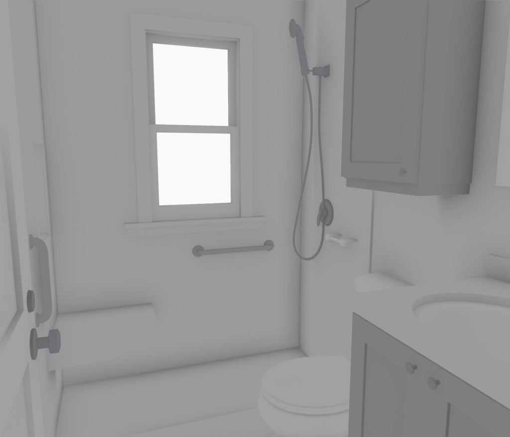 3D bathroom remodel rendering by Odd Fellows Contracting in Mulliken, MI illustrating planned walk-in shower layout